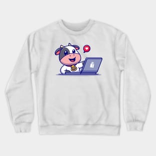 Cute Cow Working On Laptop Cartoon Crewneck Sweatshirt